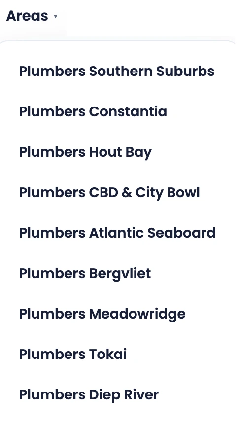 A website Areas menu listing suburb pages for a Cape Town plumber, one location page per area it serves