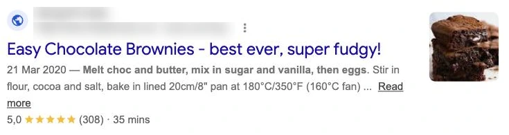 A Google search result with review schema rich results, showing a 5.0 star rating, review count and cooking time for a recipe