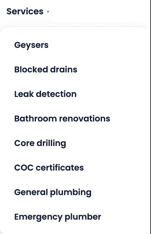 A website Services menu listing eight plumbing services, each of which should have its own service page for search